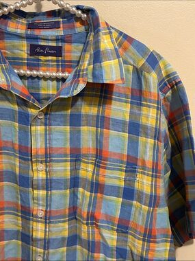 Alan Flusser Linen Cotton Plaid Short Sleeve Button Down Shirt Size M L